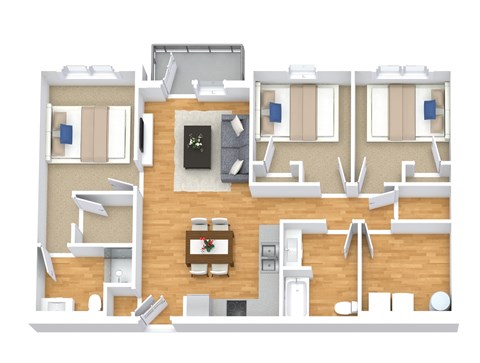 Floor plan for 3 beds, 2 baths, 1133 sqft